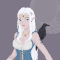 A white haired elf with a raven on her shoulder.